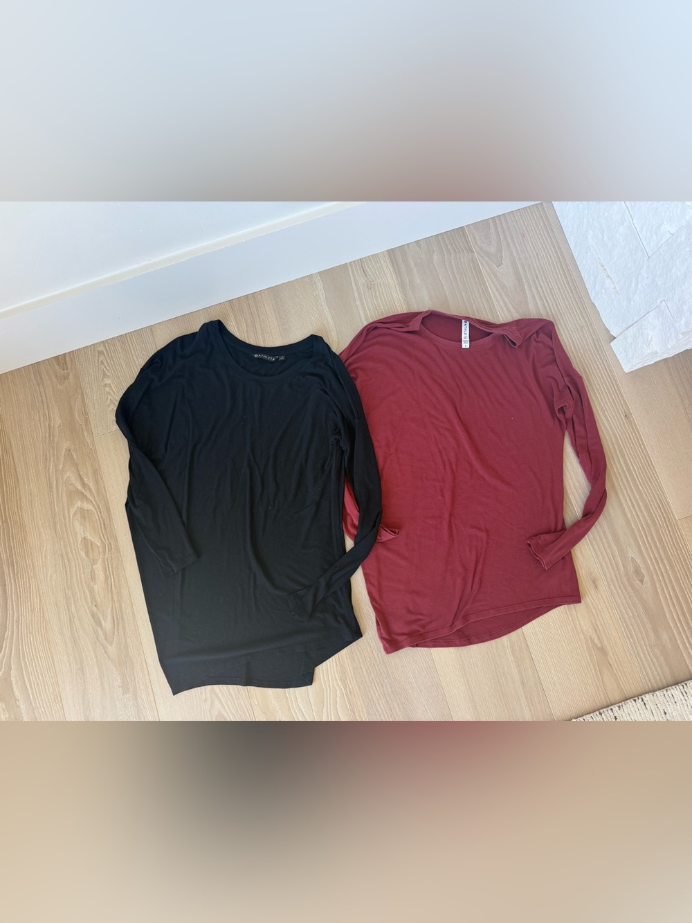 Athleta Women's asymmetrical Long Sleeve Crewneck Tops — Black & Burgundy Duo